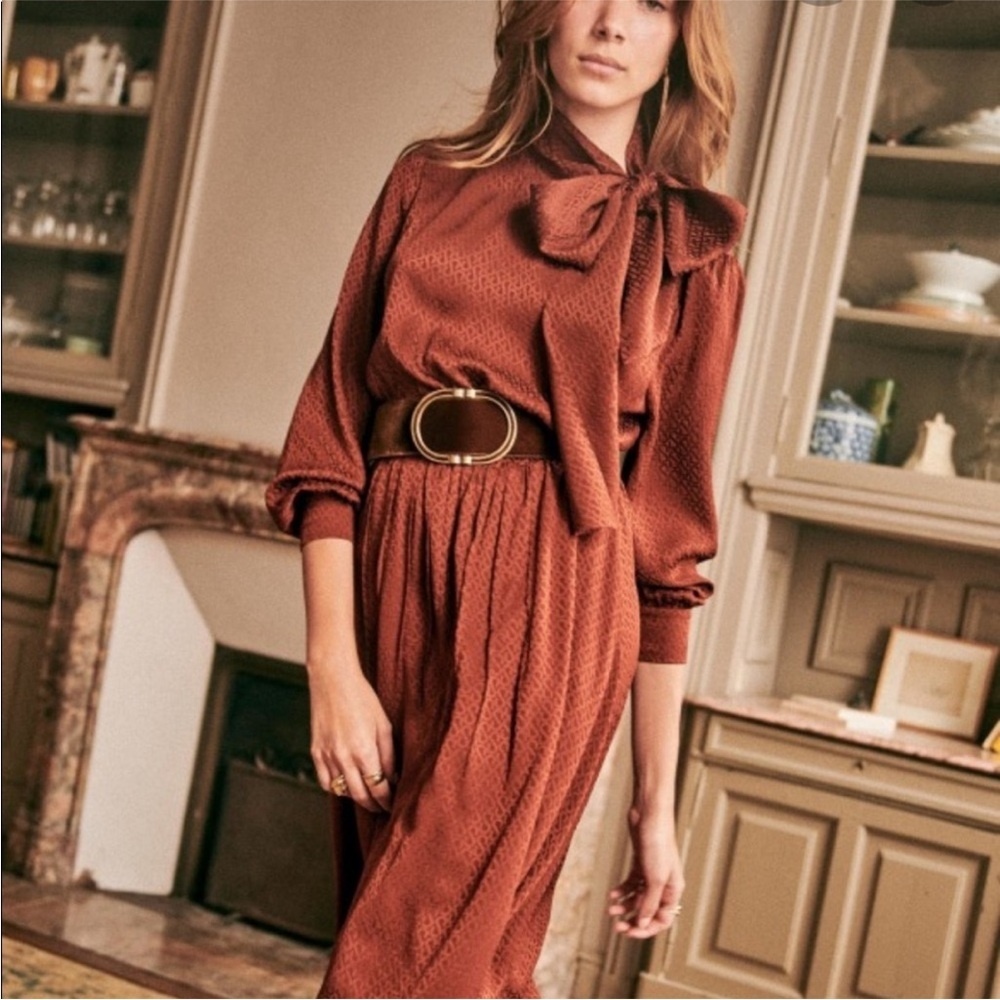 Sezane Rust Dress with Bow Detail